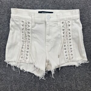 Express White Lace Up High Rise Shortie Denim Shorts Size 00 Frayed Hem Stretch